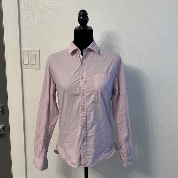 100% Cotton Pink and Navy Micro Dot Diamond Print Long Sleeve Button Down - Picture 1 of 13